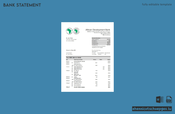 Beispiel für einen Kontoauszug der Benin Afrikanischen Entwicklungsbank (Excel-Vorschau)